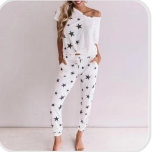 Two Piece Lounge Set - White with Black Stars